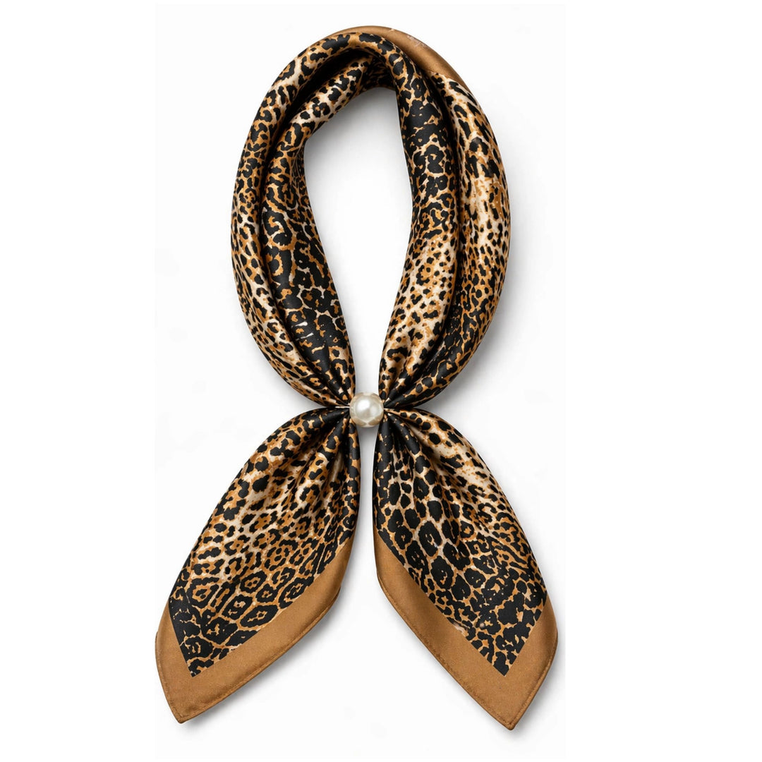 Leopard print scarf with a pearl center on a white background