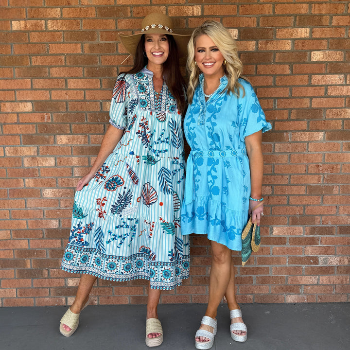 Blue Striped Aquatic Print Dress