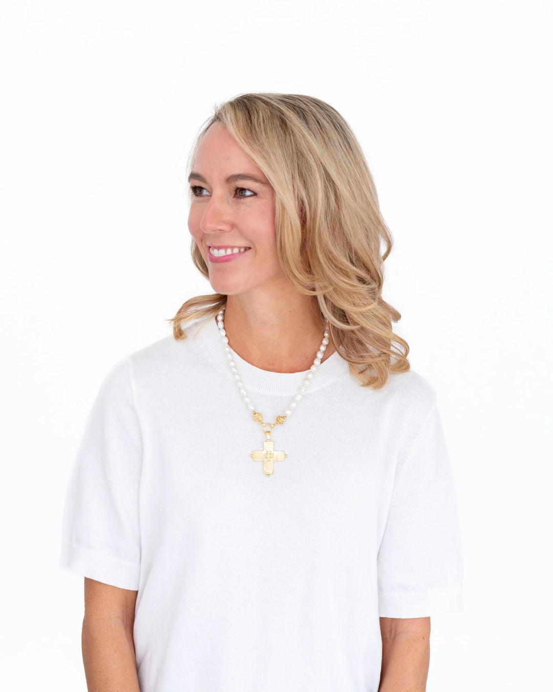 Susan Shaw Jerusalem Double Cross Pearl Necklace