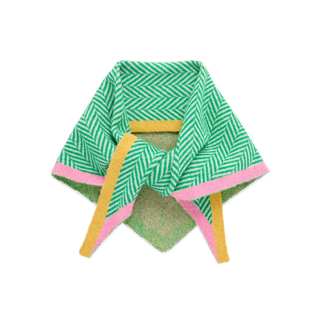 A green and white herringbone patterned neck gaiter or scarf with pink and yellow trim, displayed on a clean white background.