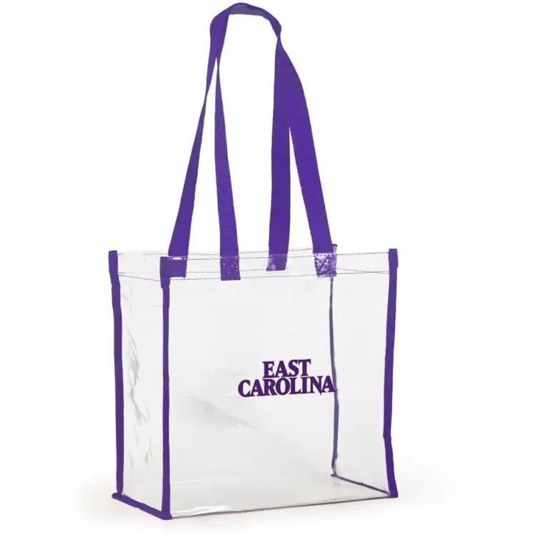 A clear plastic tote bag with purple trim and handles, featuring the text 'EAST CAROLINA' printed in purple on the front, set against a plain white background.