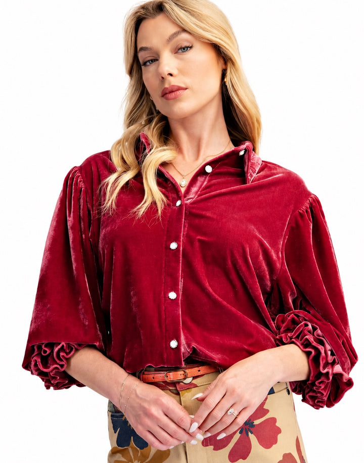 Raspberry Bubble Sleeve Velvet Top
