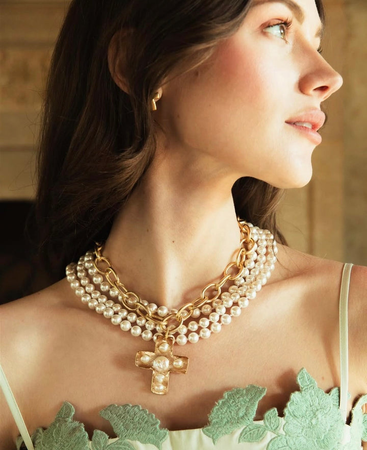 Susan Shaw Pearl Cross Multi-Strand Necklace