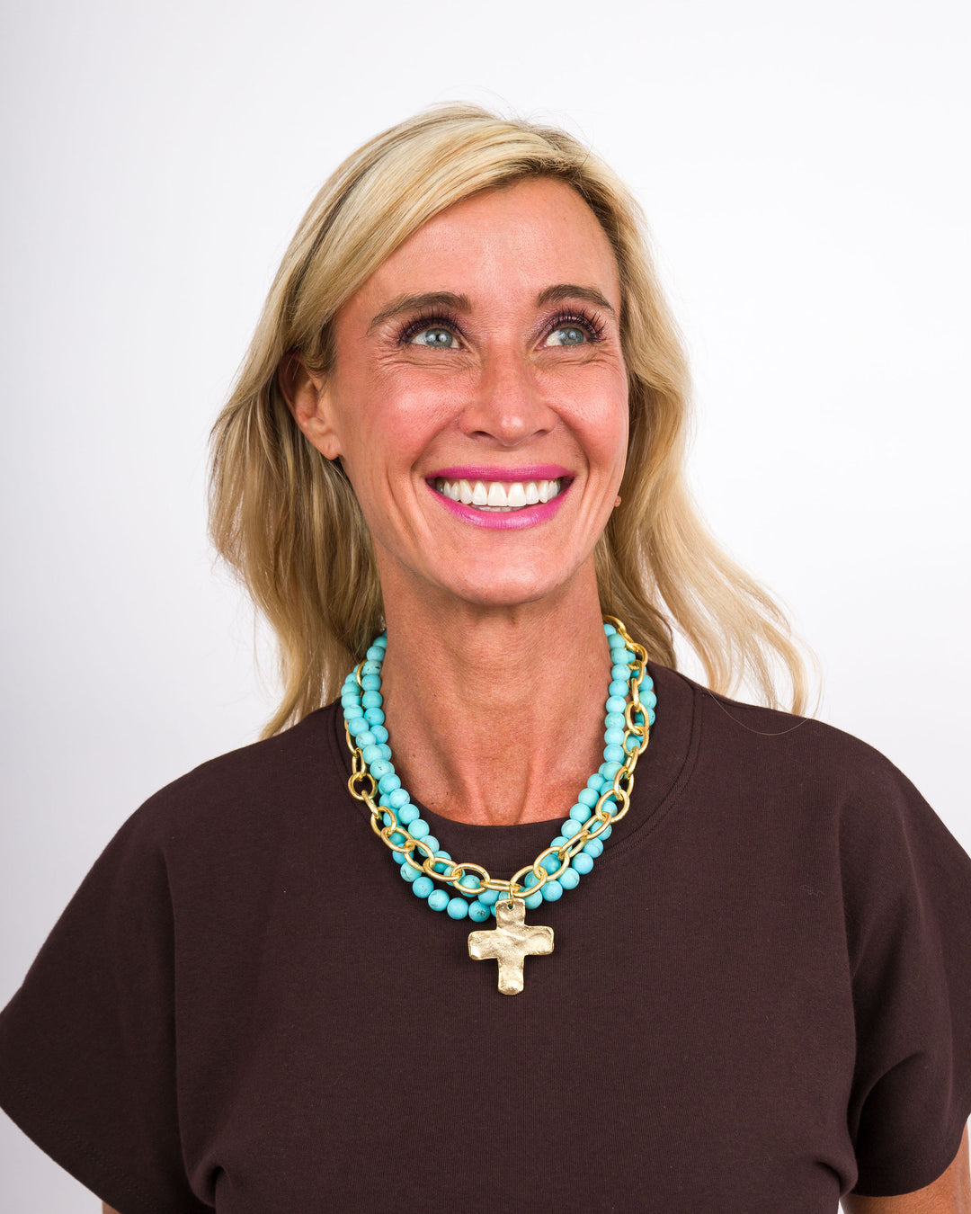 Gold Cross 3 Matte Turquoise Necklace