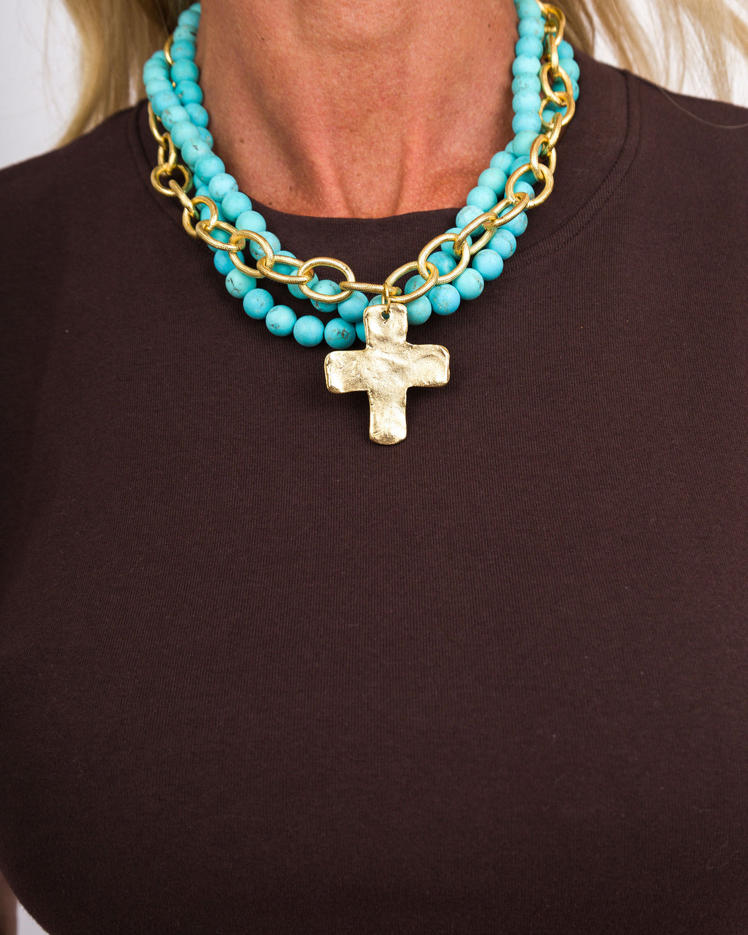 Gold Cross 3 Matte Turquoise Necklace