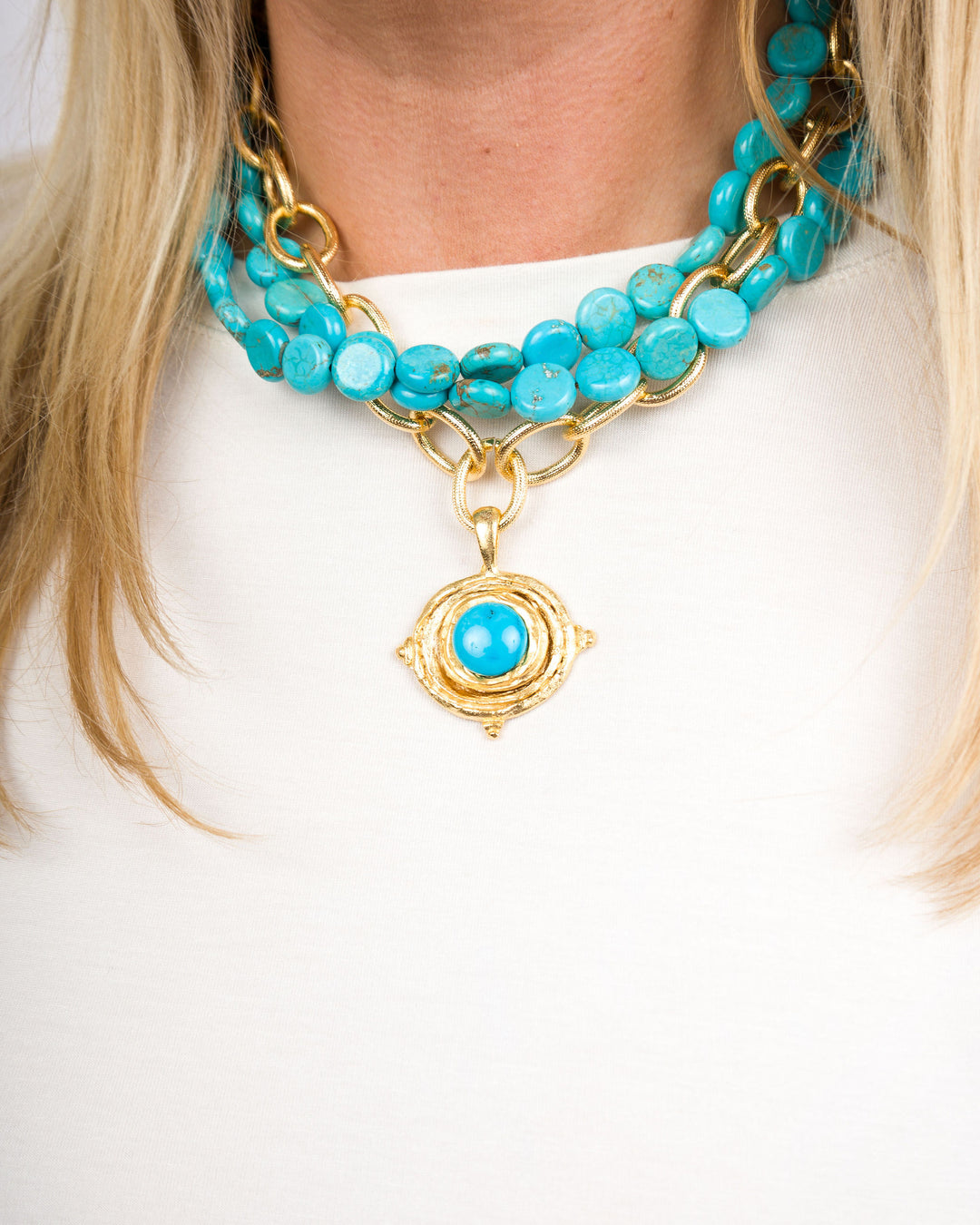 Gold Cab Turquoise 3 Strand Necklace