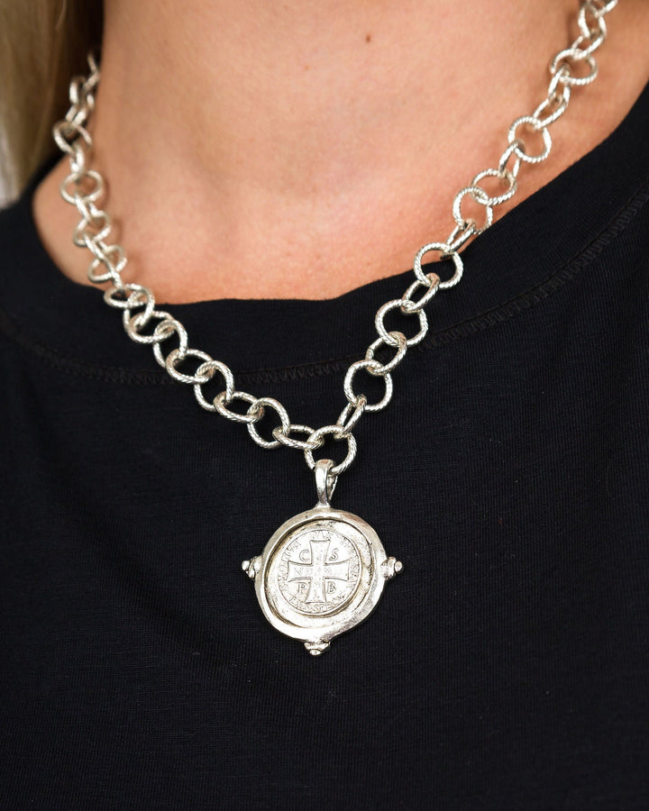 Susan Shaw St Benedict Cross Silver Coin Necklace