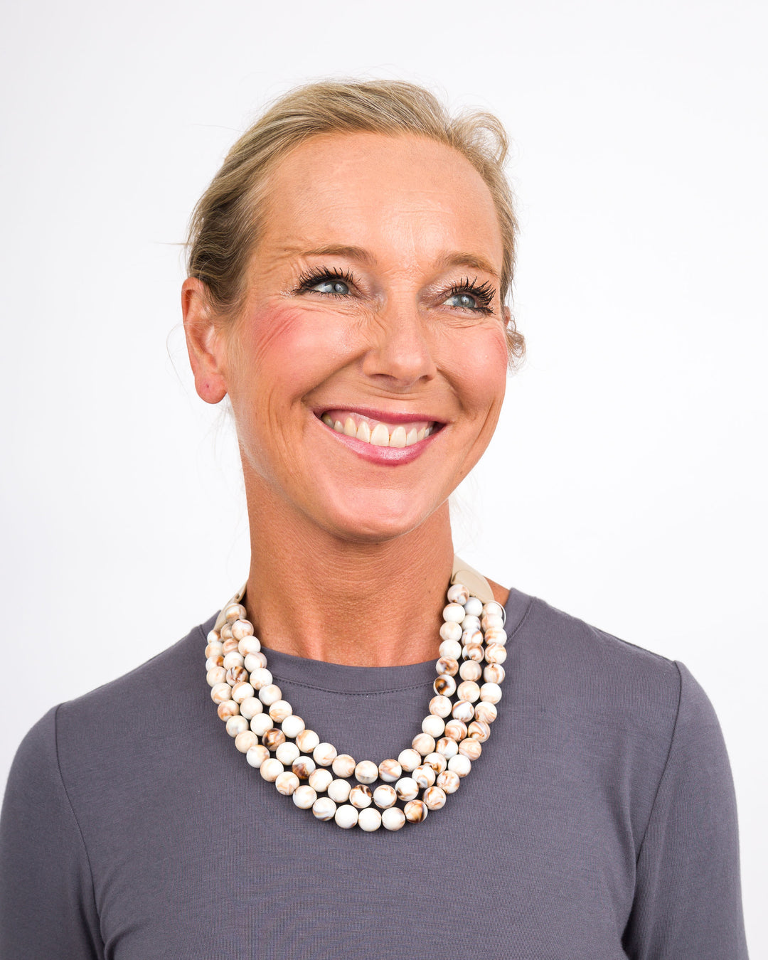 3 Row Beaded Necklace Ivory/Brown Swirl