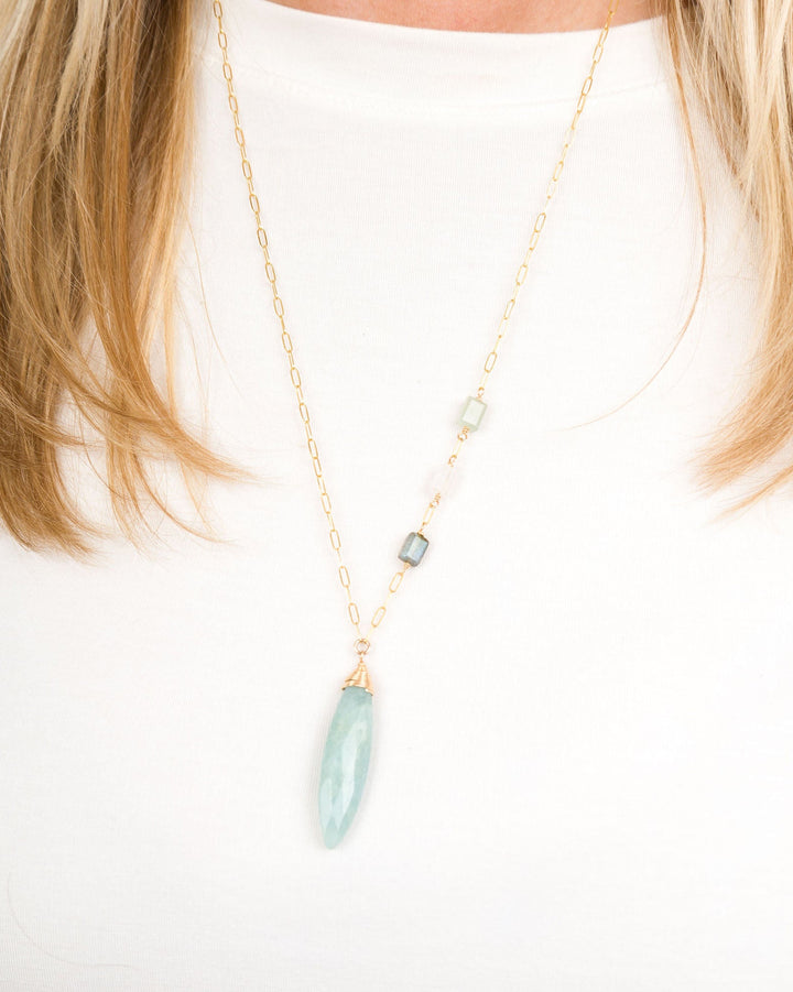 J.Mills Studio Milky Aquamarine Marquis Cut Gemstone Necklace with Asymmetrical Gemstone Accent
