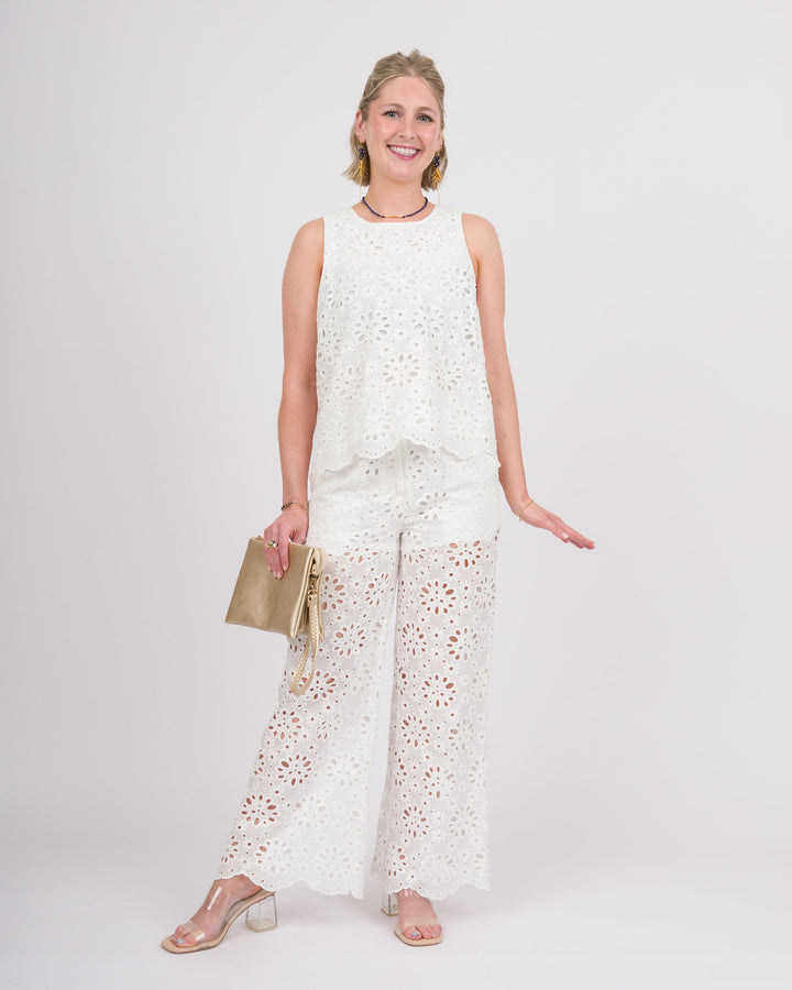 Floral Eyelet Lace Sleeveless Top - Off-White