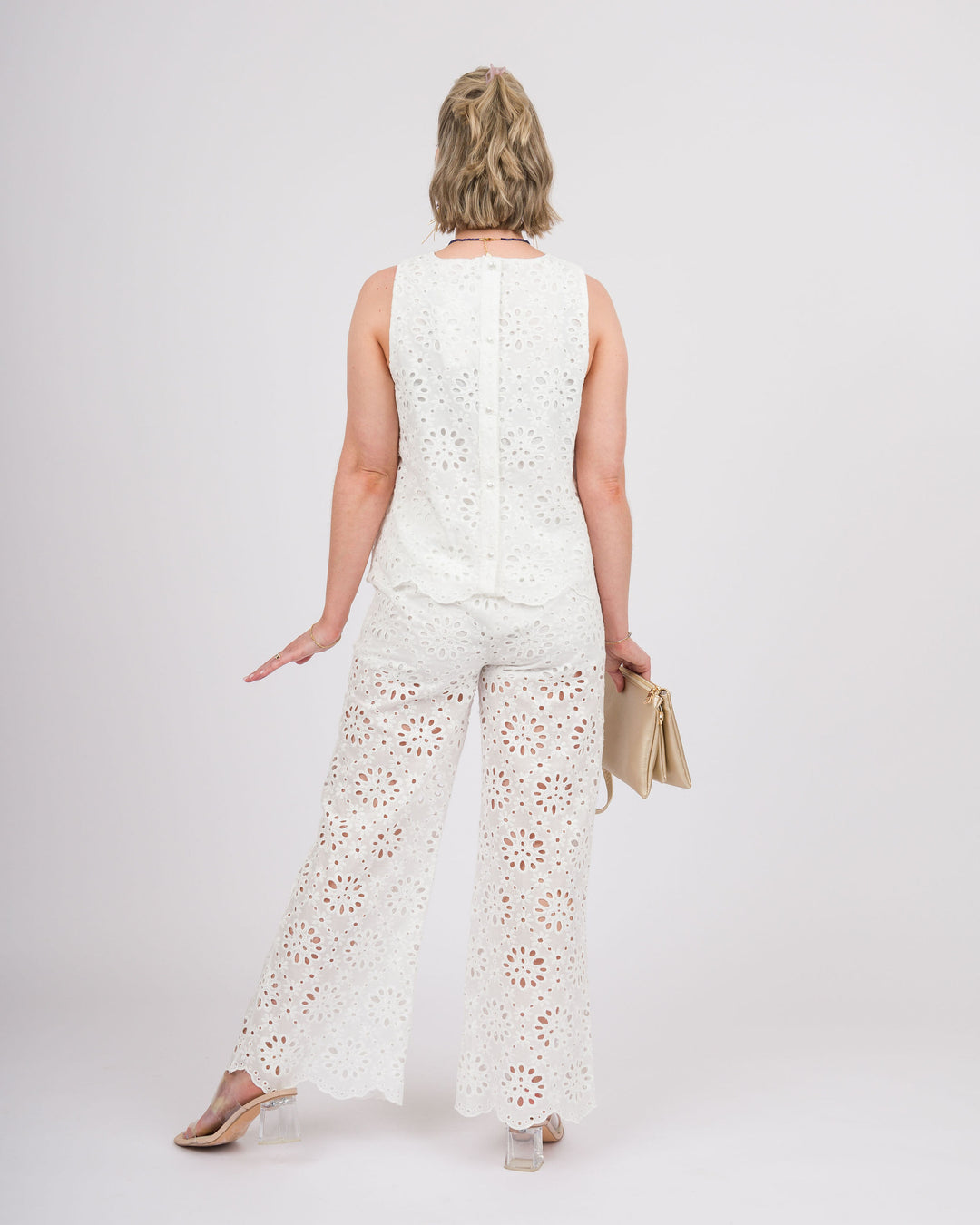 Floral Eyelet Lace Sleeveless Top - Off-White