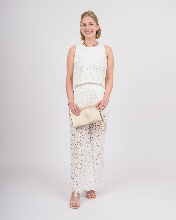 Floral Eyelet Lace Wide Leg Cropped Pants - Off-White
