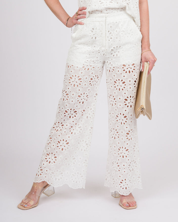 Floral Eyelet Lace Wide Leg Cropped Pants - Off-White
