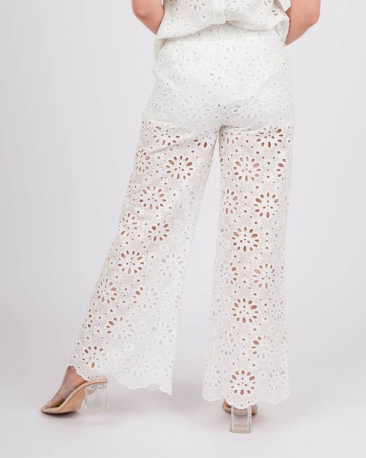 Floral Eyelet Lace Wide Leg Cropped Pants - Off-White
