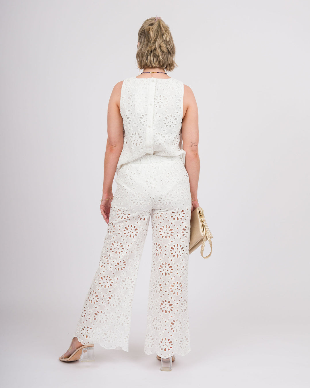 Floral Eyelet Lace Wide Leg Cropped Pants - Off-White