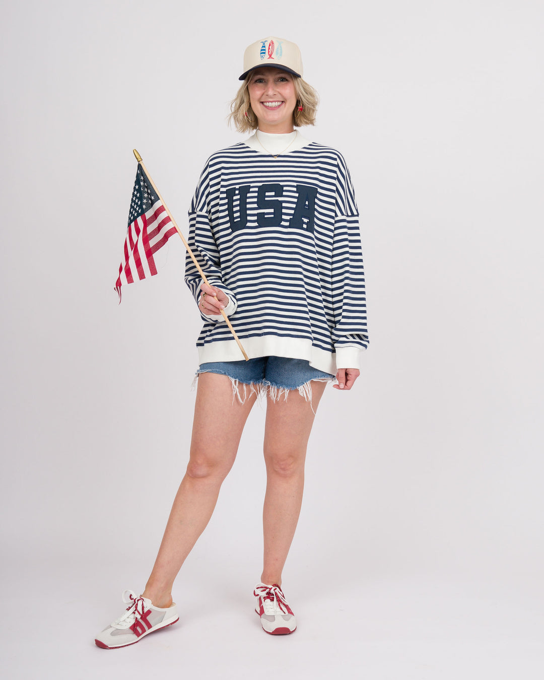 Striped USA Mock Neck Sweatshirt - Navy