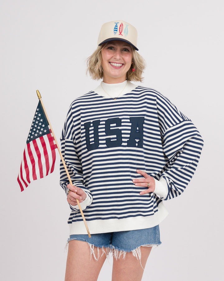 Striped USA Mock Neck Sweatshirt - Navy