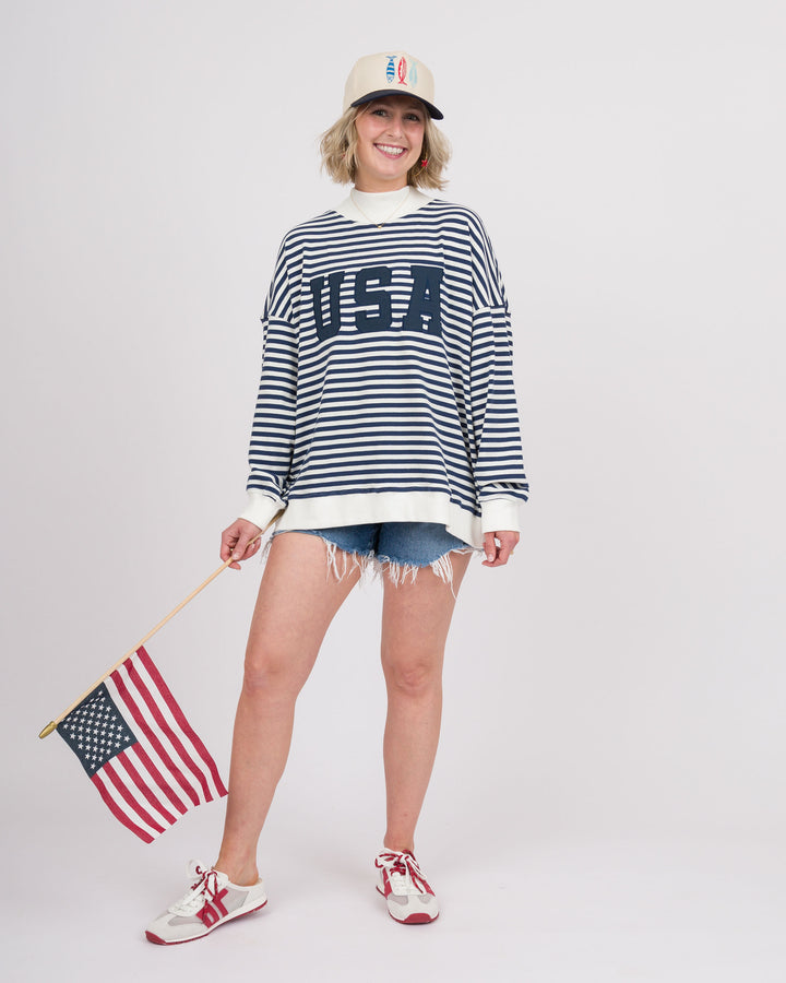 Striped USA Mock Neck Sweatshirt - Navy