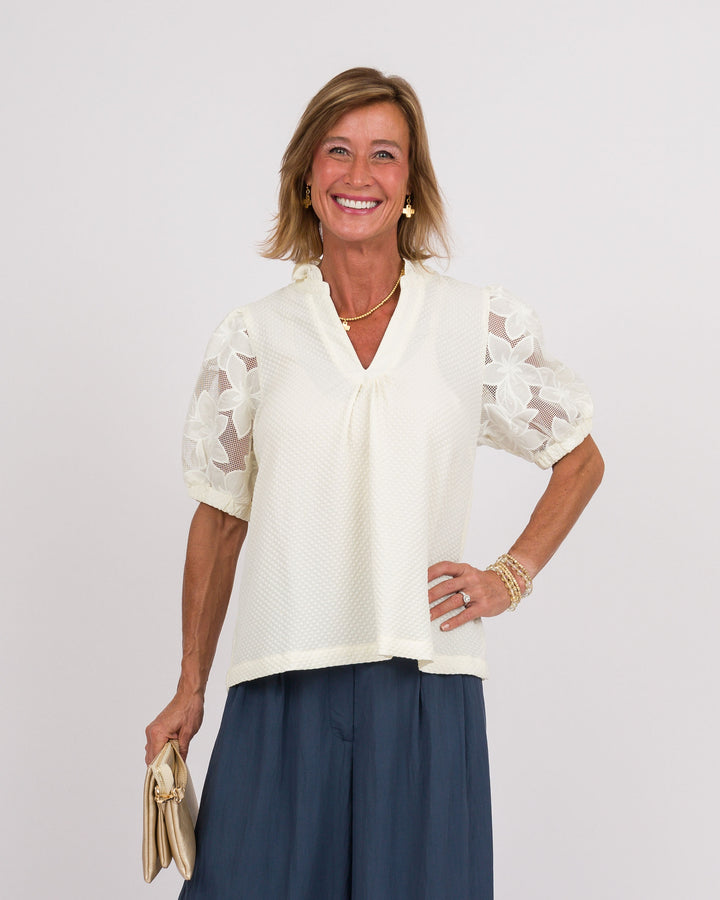 Cream Top with Lace Contrast Sleeve