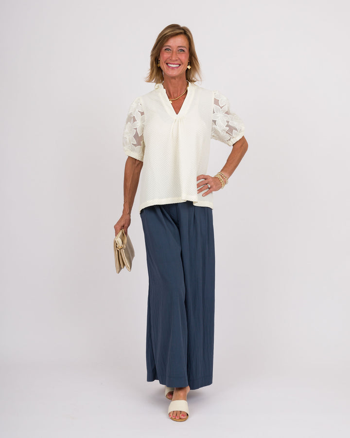 Cream Top with Lace Contrast Sleeve