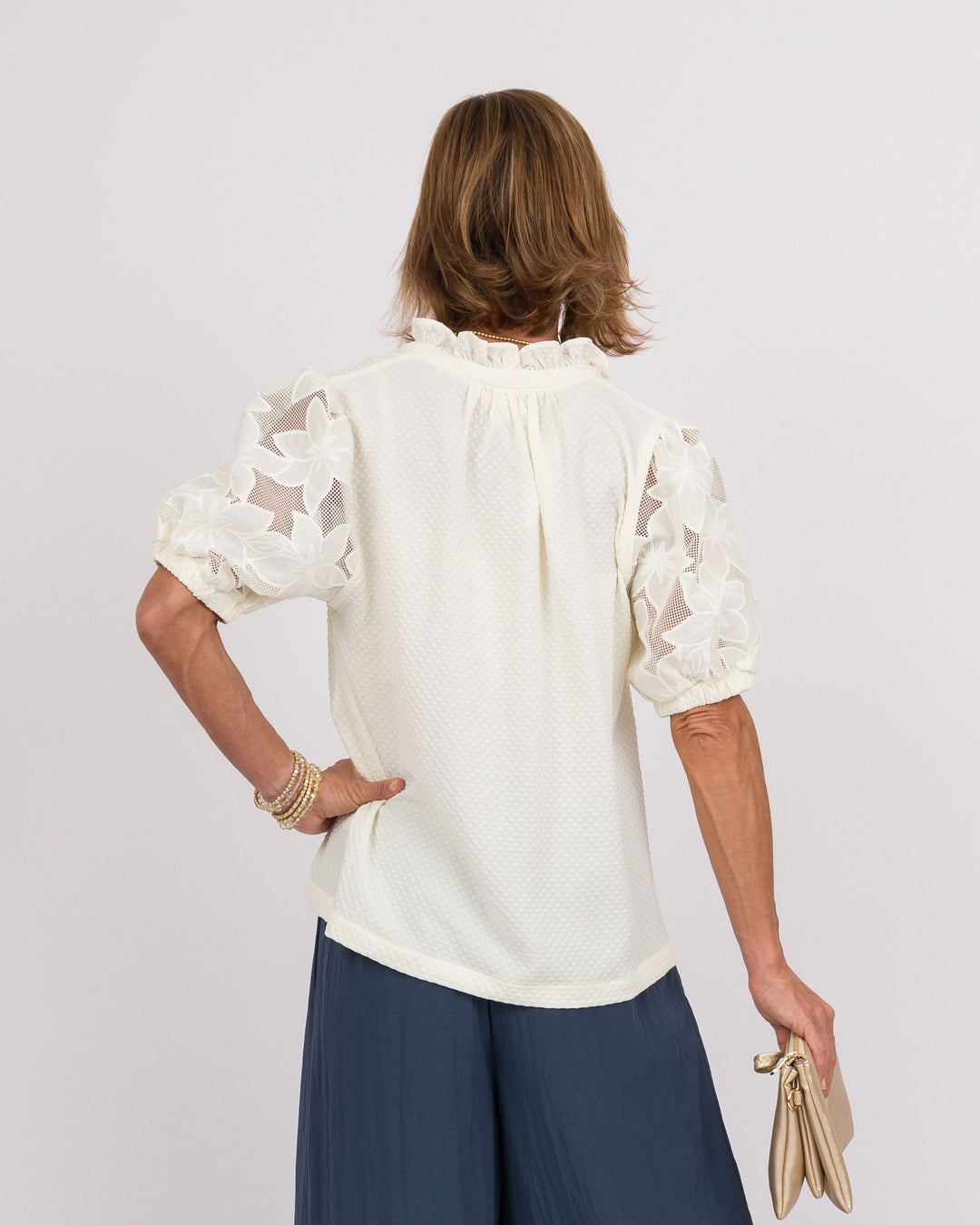Cream Top with Lace Contrast Sleeve