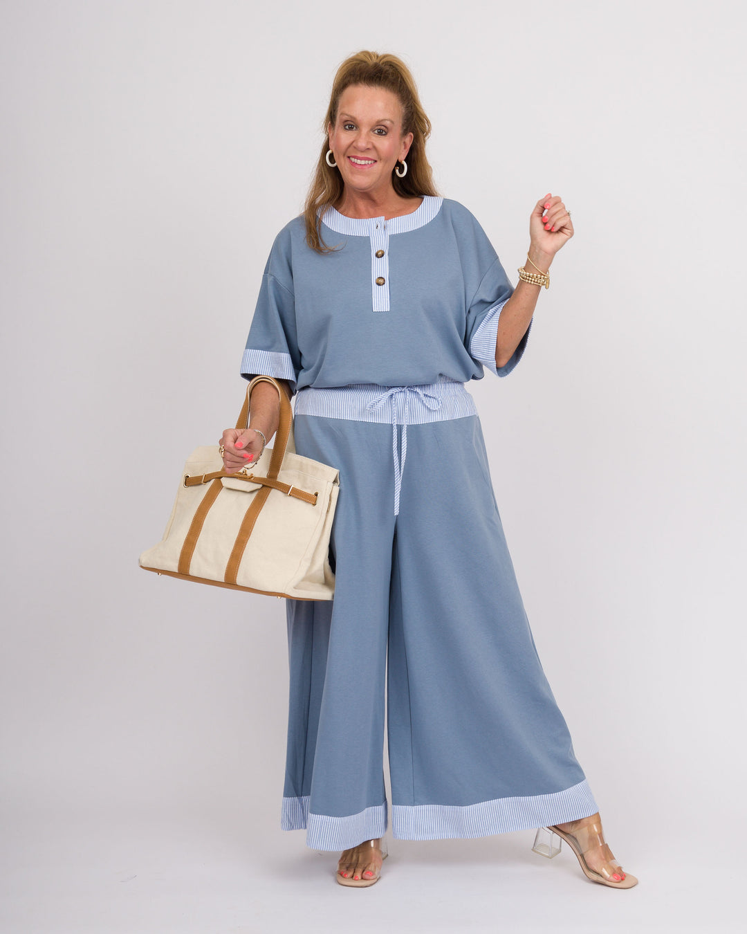 Denim Blue Trimmed Top Pant Set