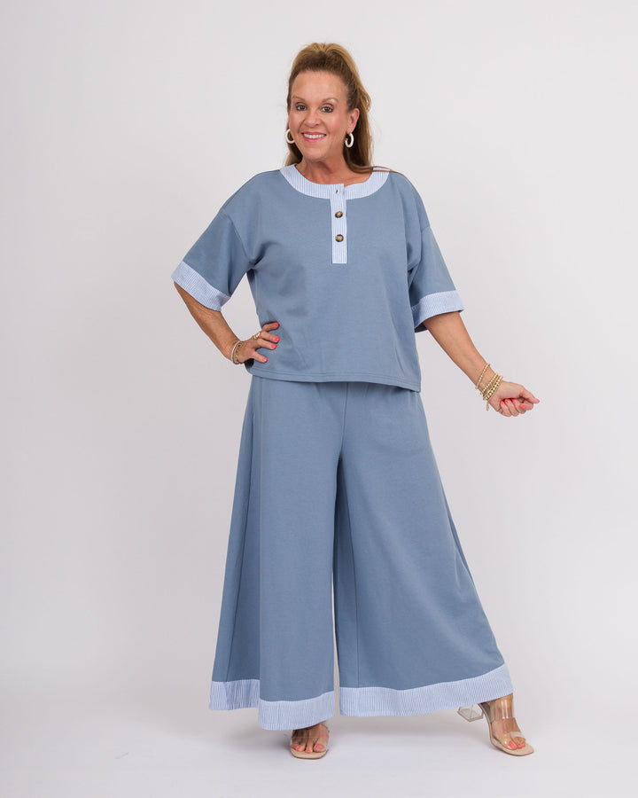 Denim Blue Trimmed Top Pant Set