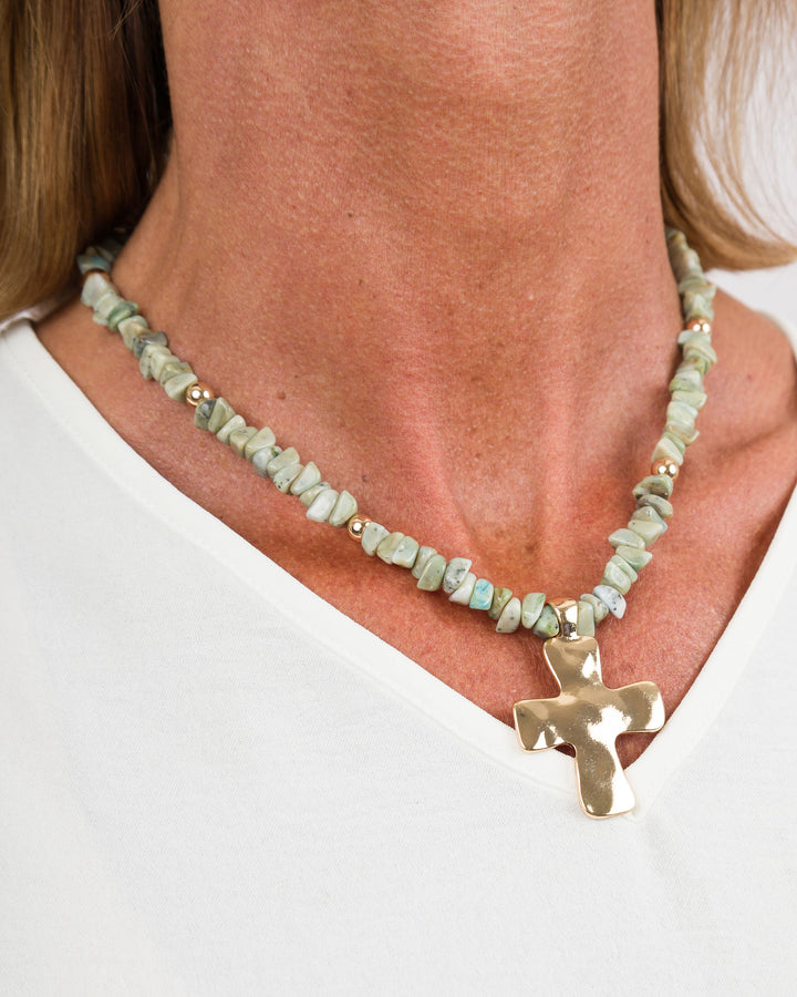 Colored Stones Cross Necklace - Green