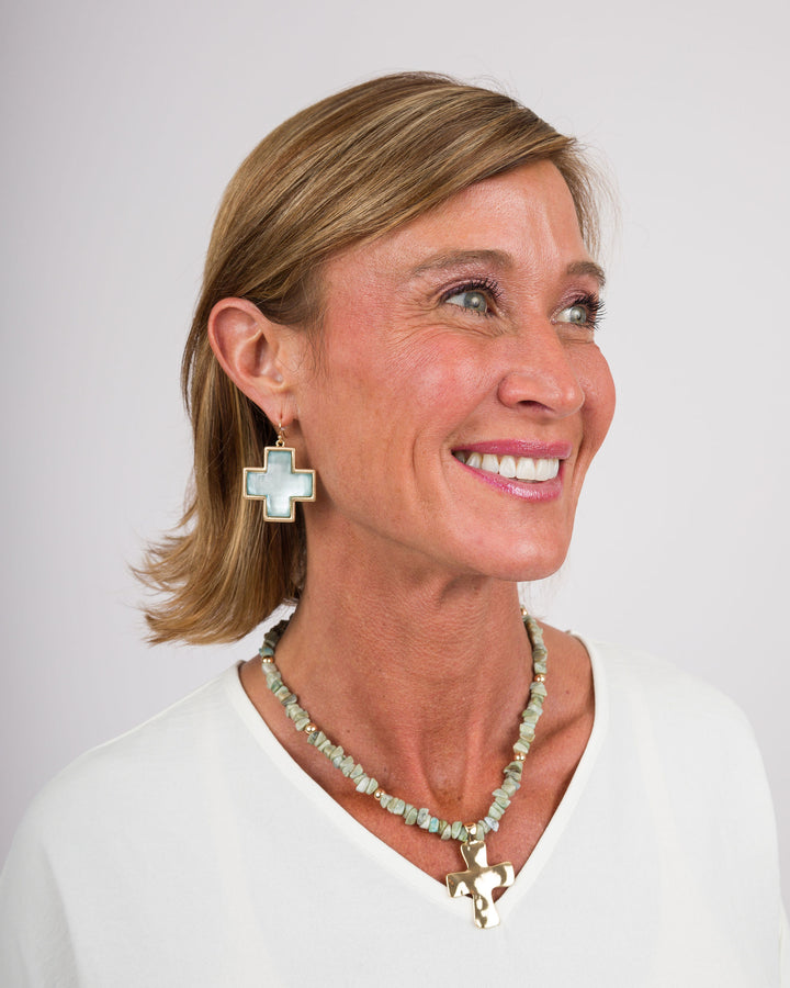 Gold Cross Earrings - Blue