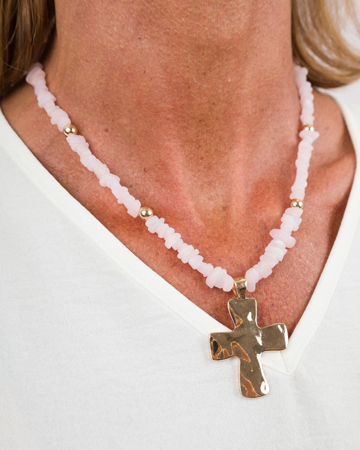 Colored Stones Cross Necklace - Pink