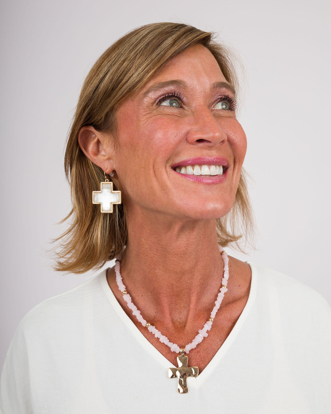 Gold Cross Earrings - White