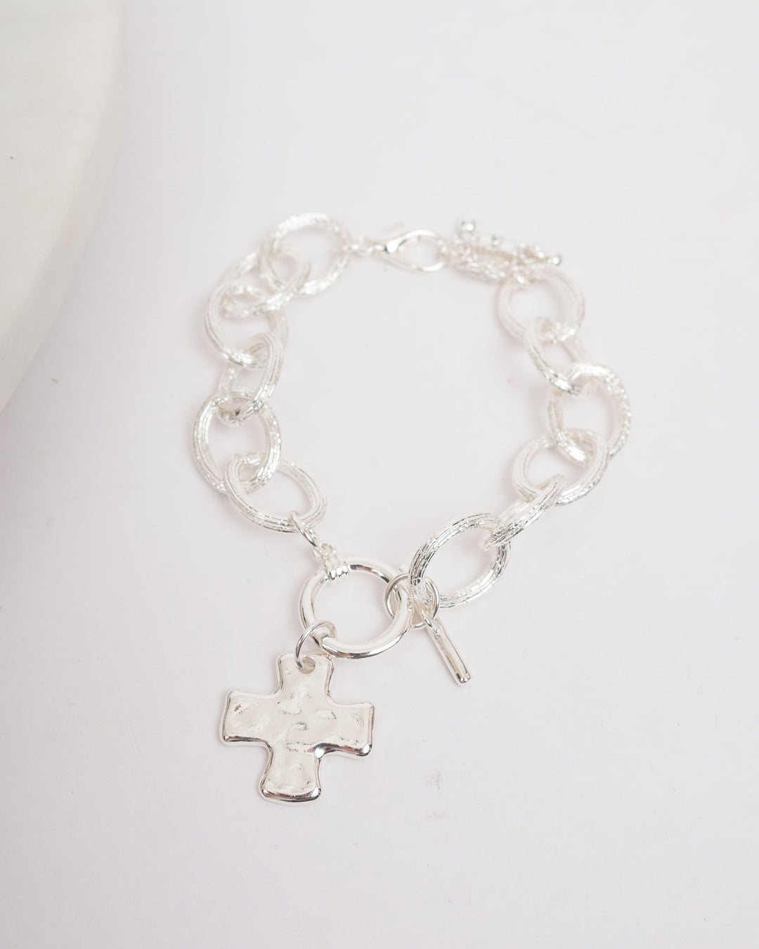 Textured Oval Chunky Bracelet with Cross - Silver
