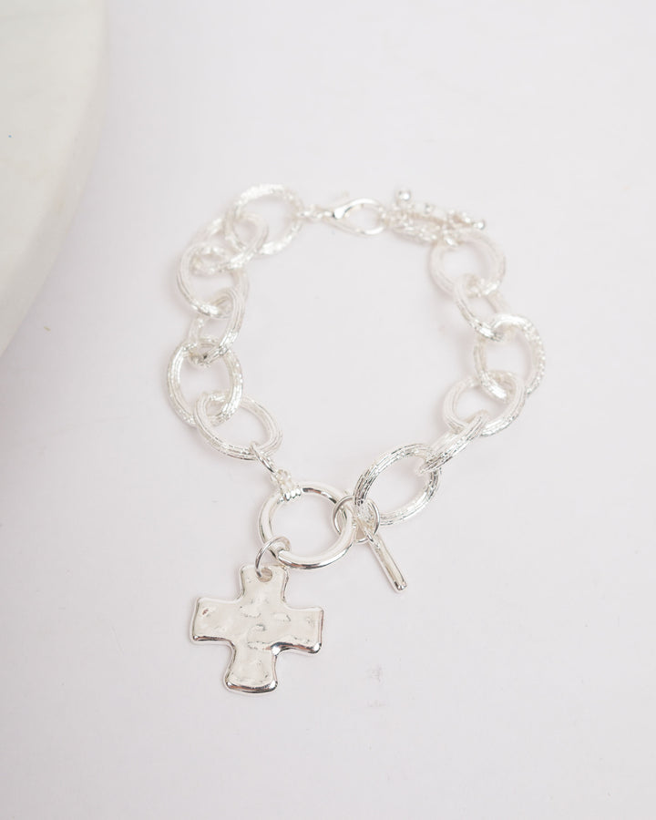 Textured Oval Chunky Bracelet with Cross - Silver