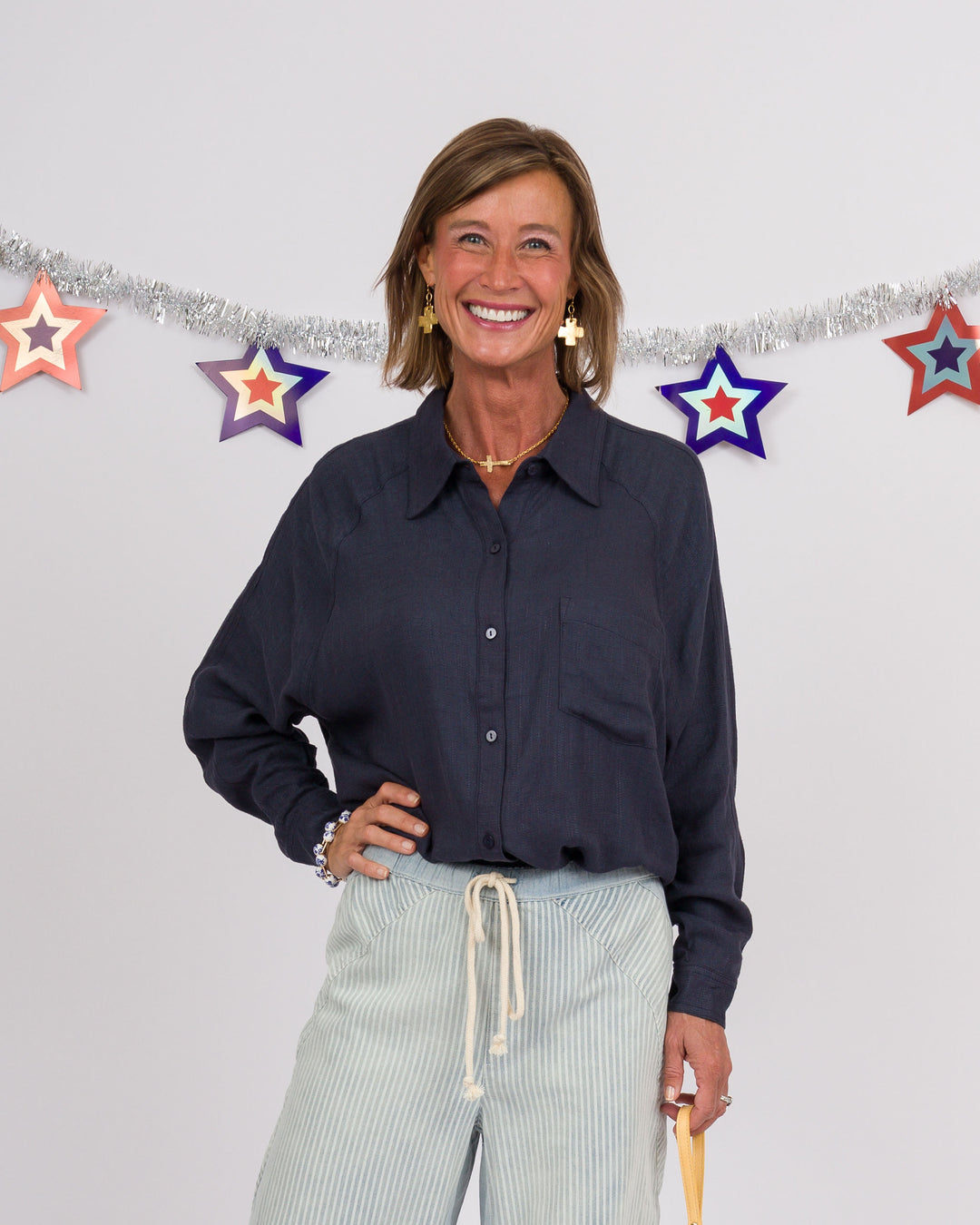 Navy Linen Button Down Top