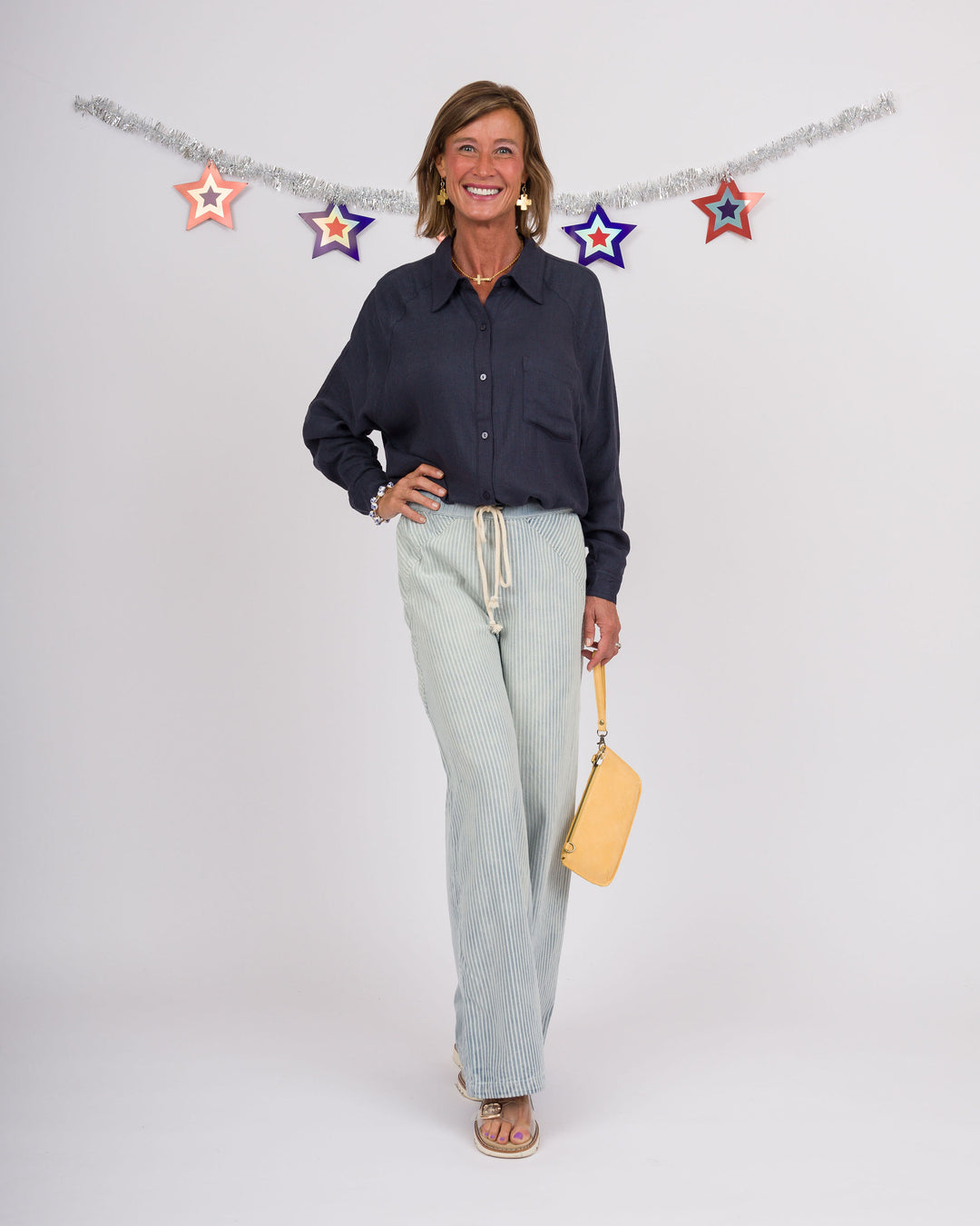 Navy Linen Button Down Top