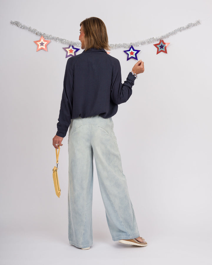 Navy Linen Button Down Top