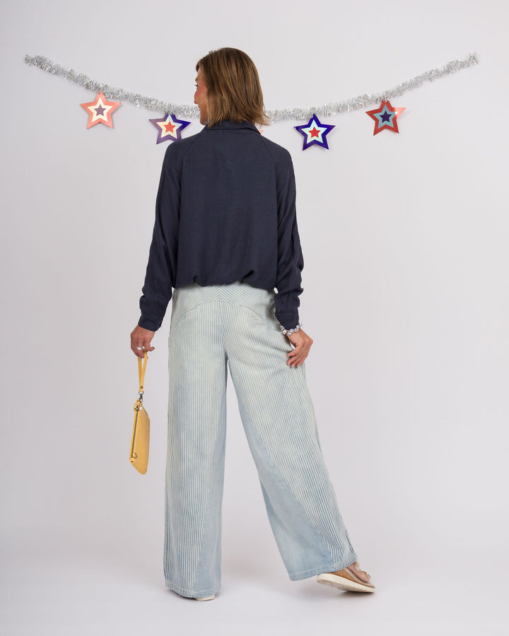 Navy Linen Button Down Top