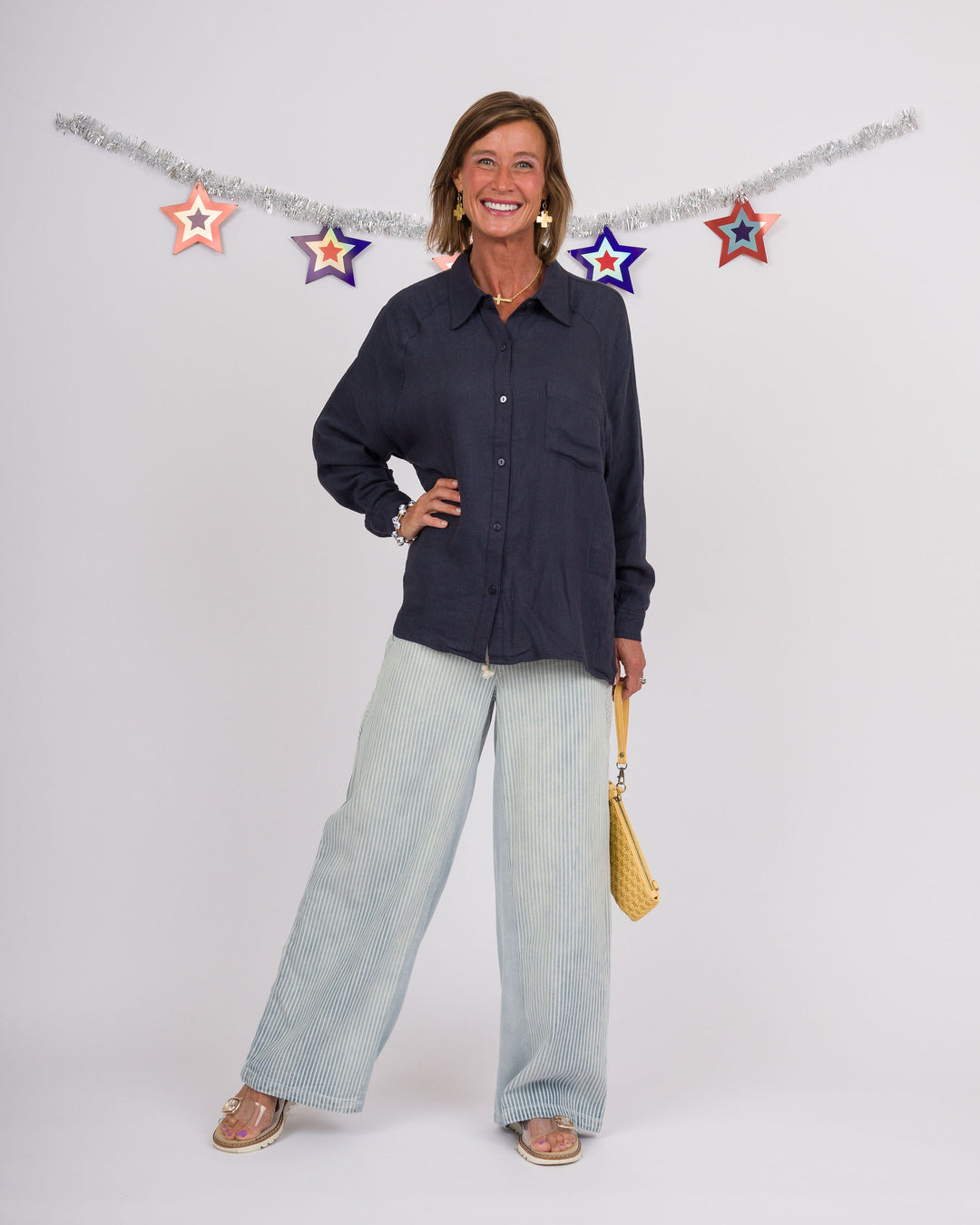 Navy Linen Button Down Top