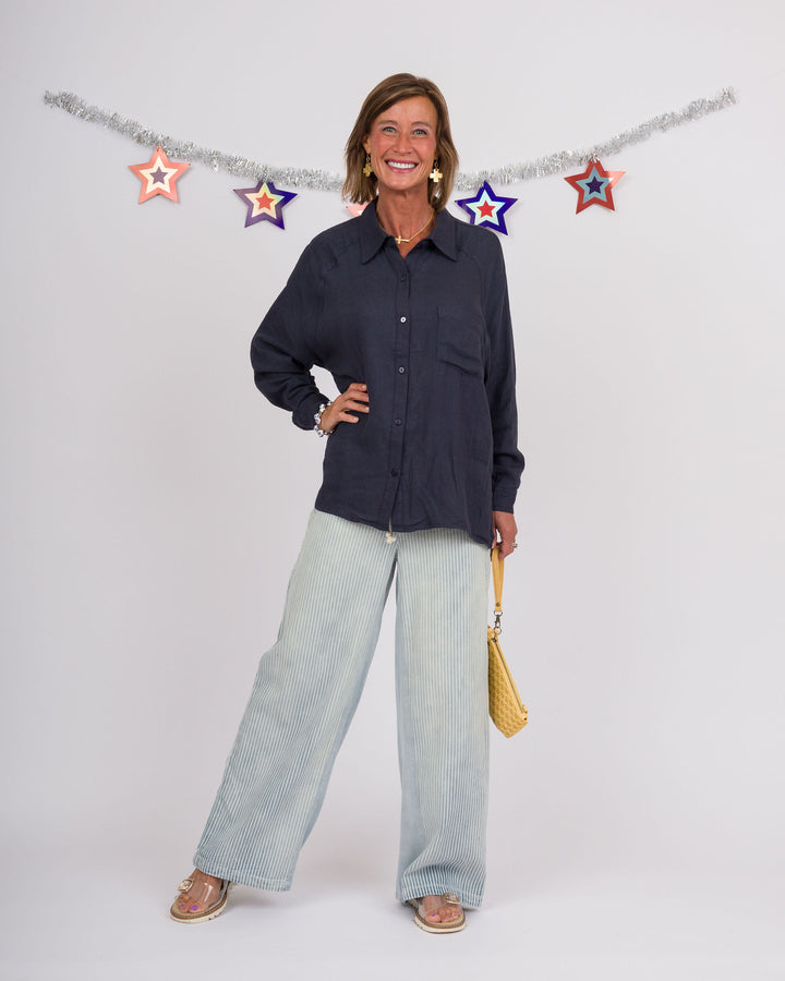 Navy Linen Button Down Top
