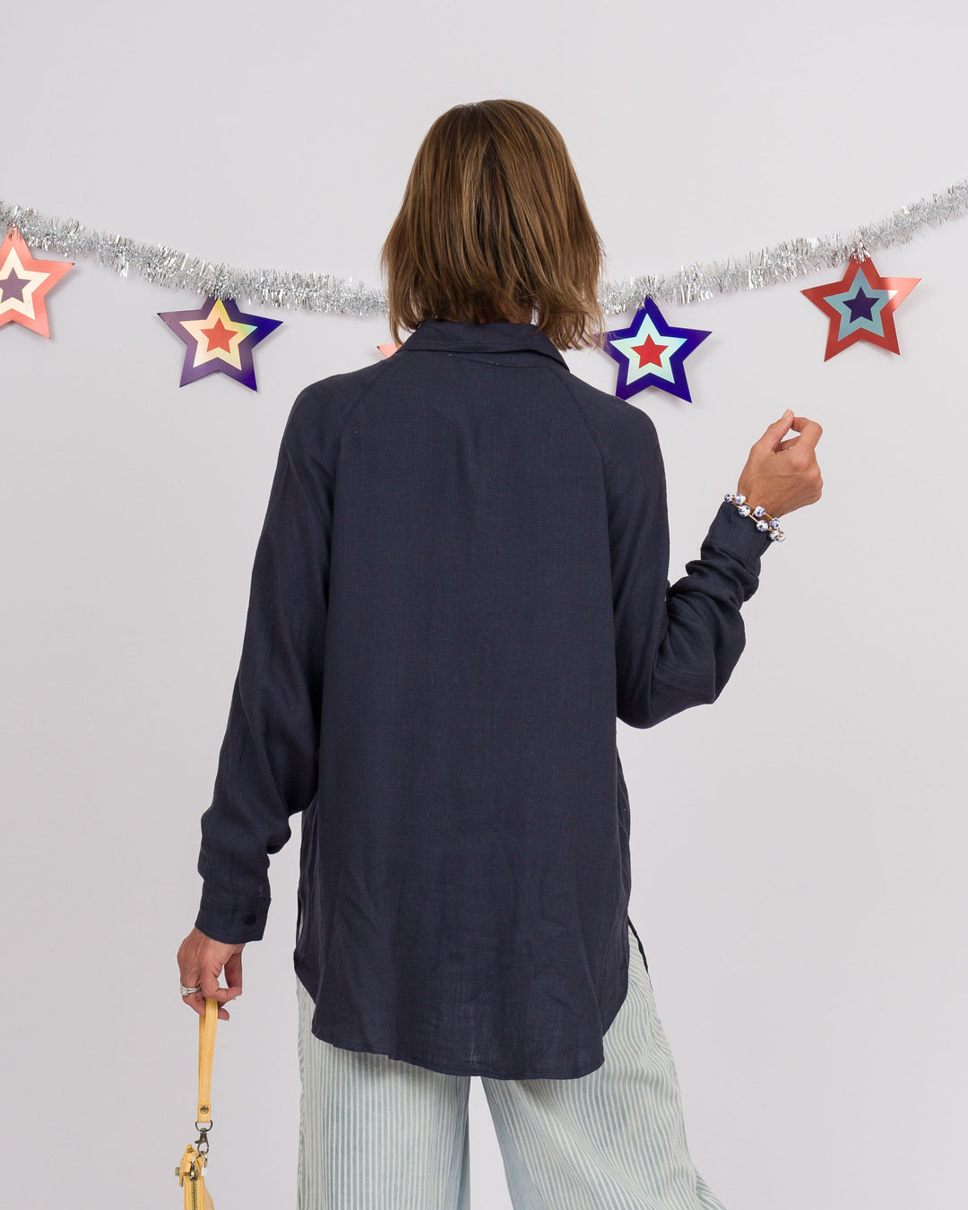Navy Linen Button Down Top