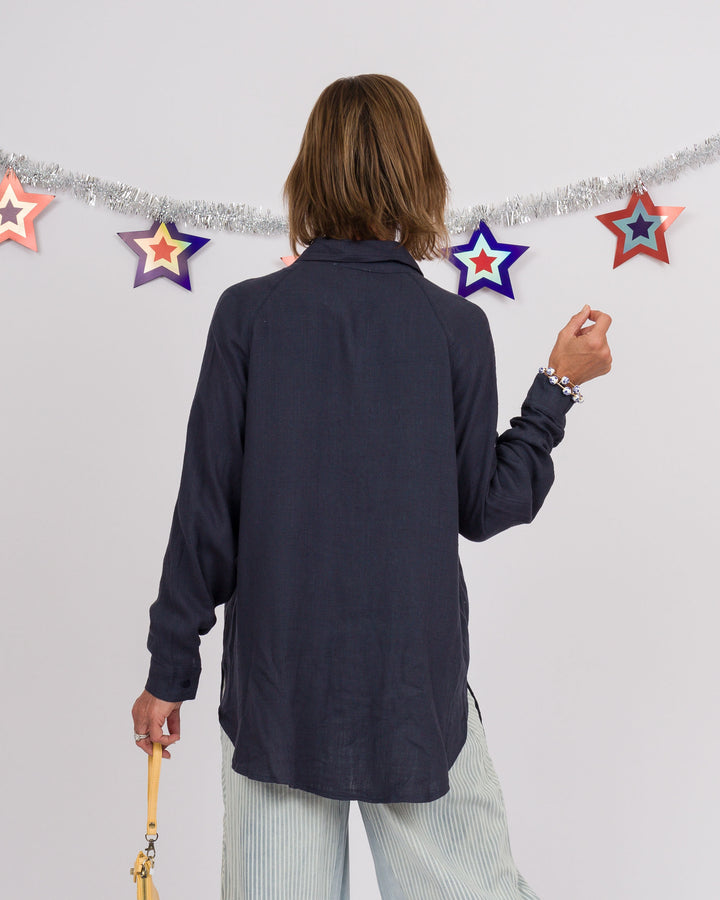 Navy Linen Button Down Top