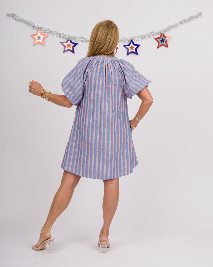 Cobalt Striped Puff Sleeve Mini Dress