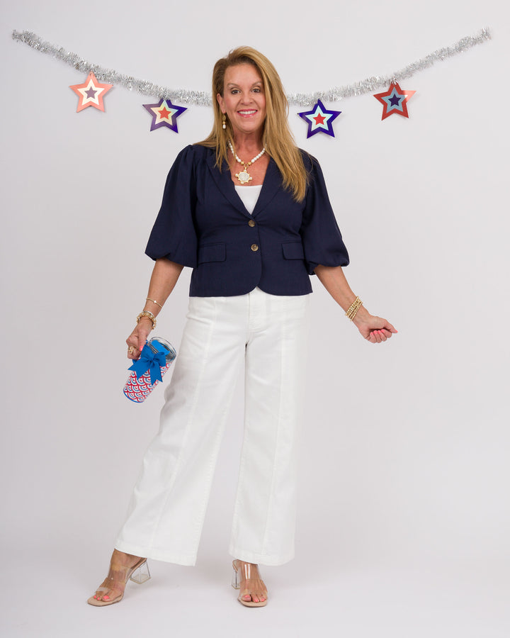 Navy Puff Sleeve Blazer