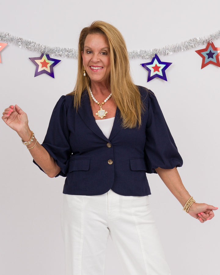 Navy Puff Sleeve Blazer