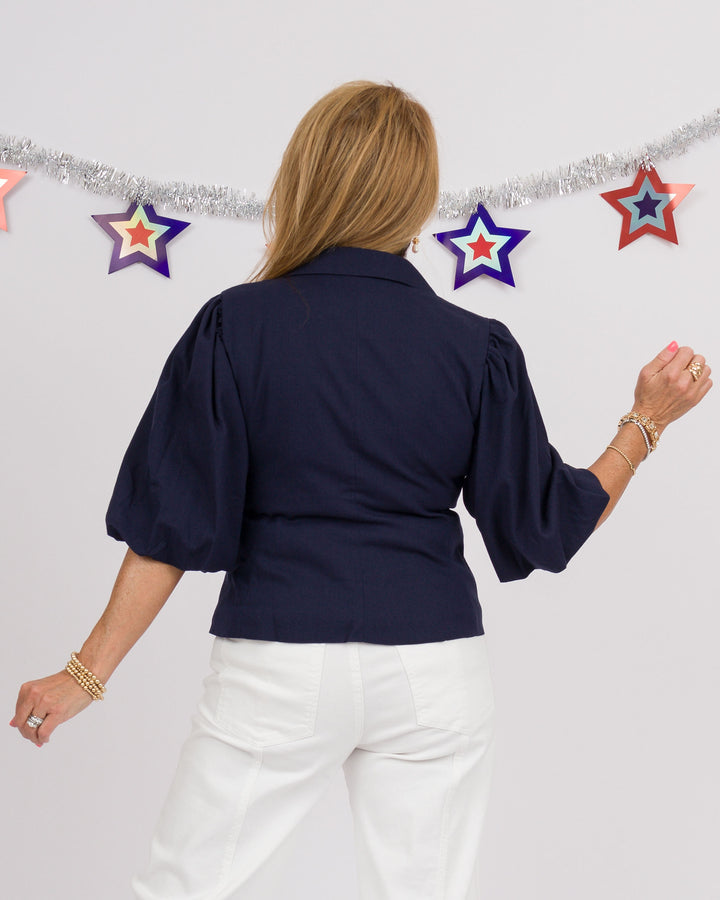 Navy Puff Sleeve Blazer