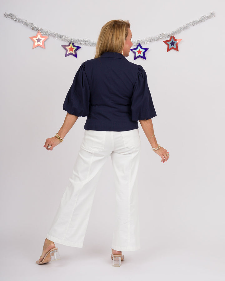 Navy Puff Sleeve Blazer