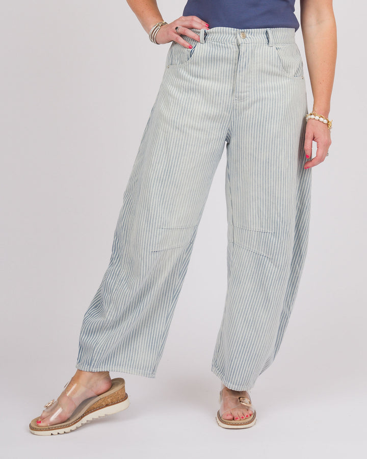 Mineral Washed Pinstriped Barrel Jeans