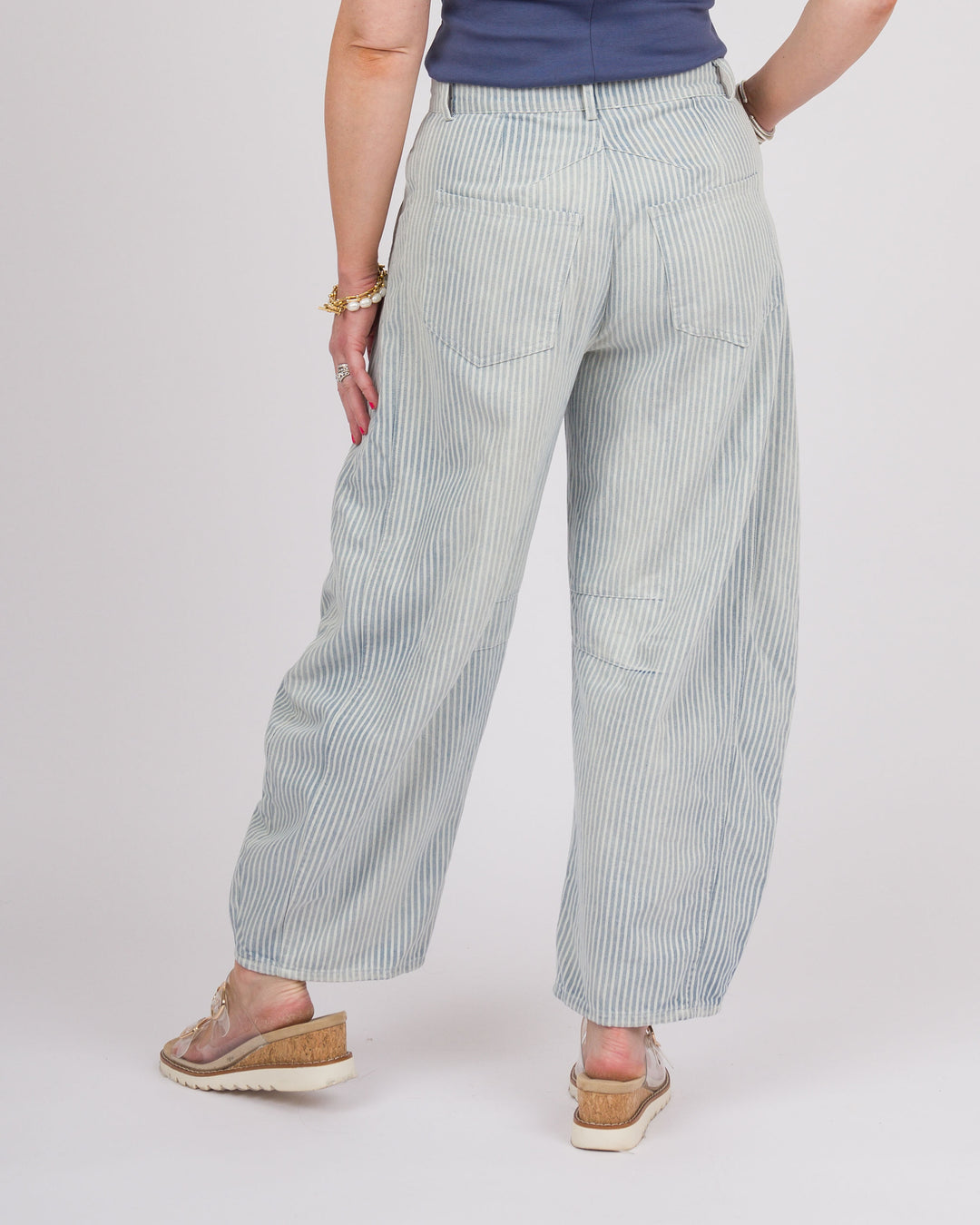 Mineral Washed Pinstriped Barrel Jeans
