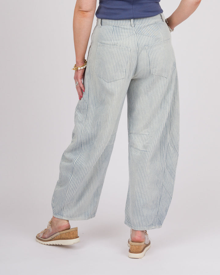 Mineral Washed Pinstriped Barrel Jeans