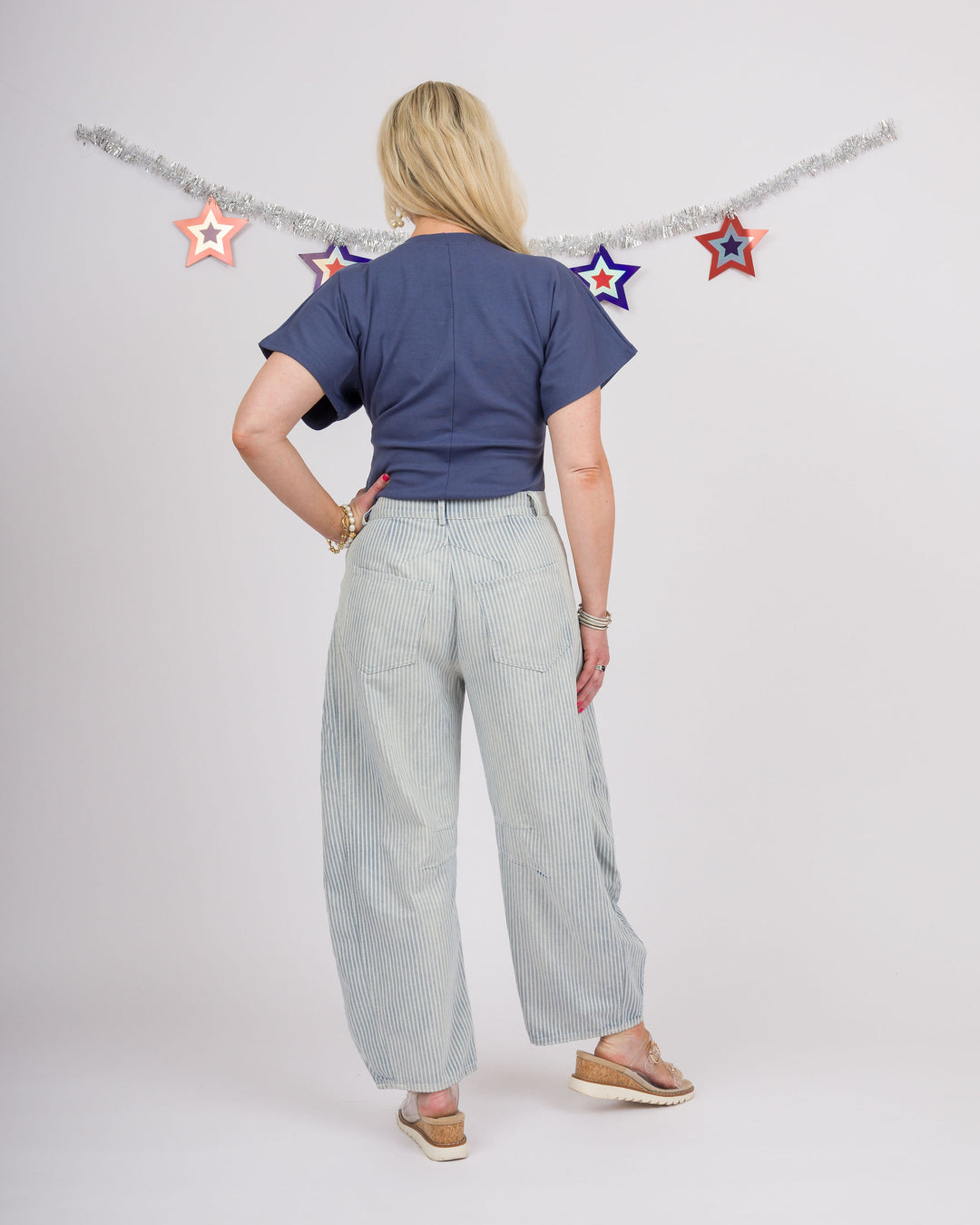 Mineral Washed Pinstriped Barrel Jeans